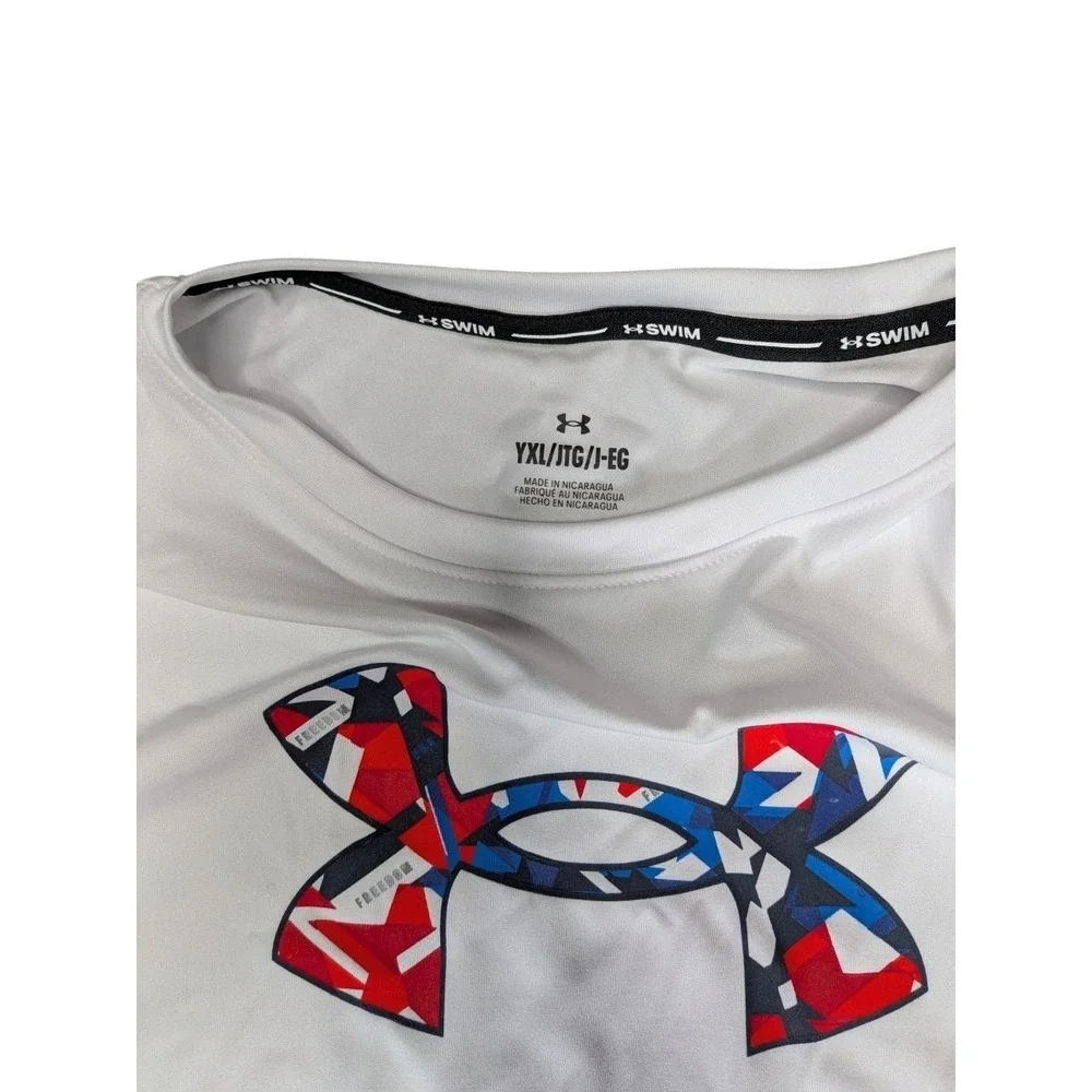 Under Armour Youth XL White Swim Shirt Rash Guard UPF 50 Patriotic Logo NWT
